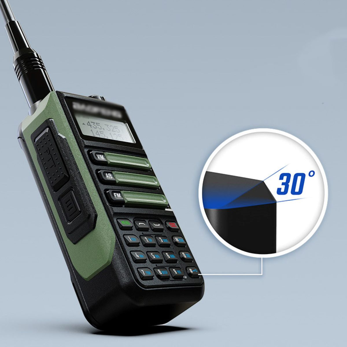 Grün-schwarzes Walkie-Talkie mit 30-Grad-Winkelanzeige daneben.