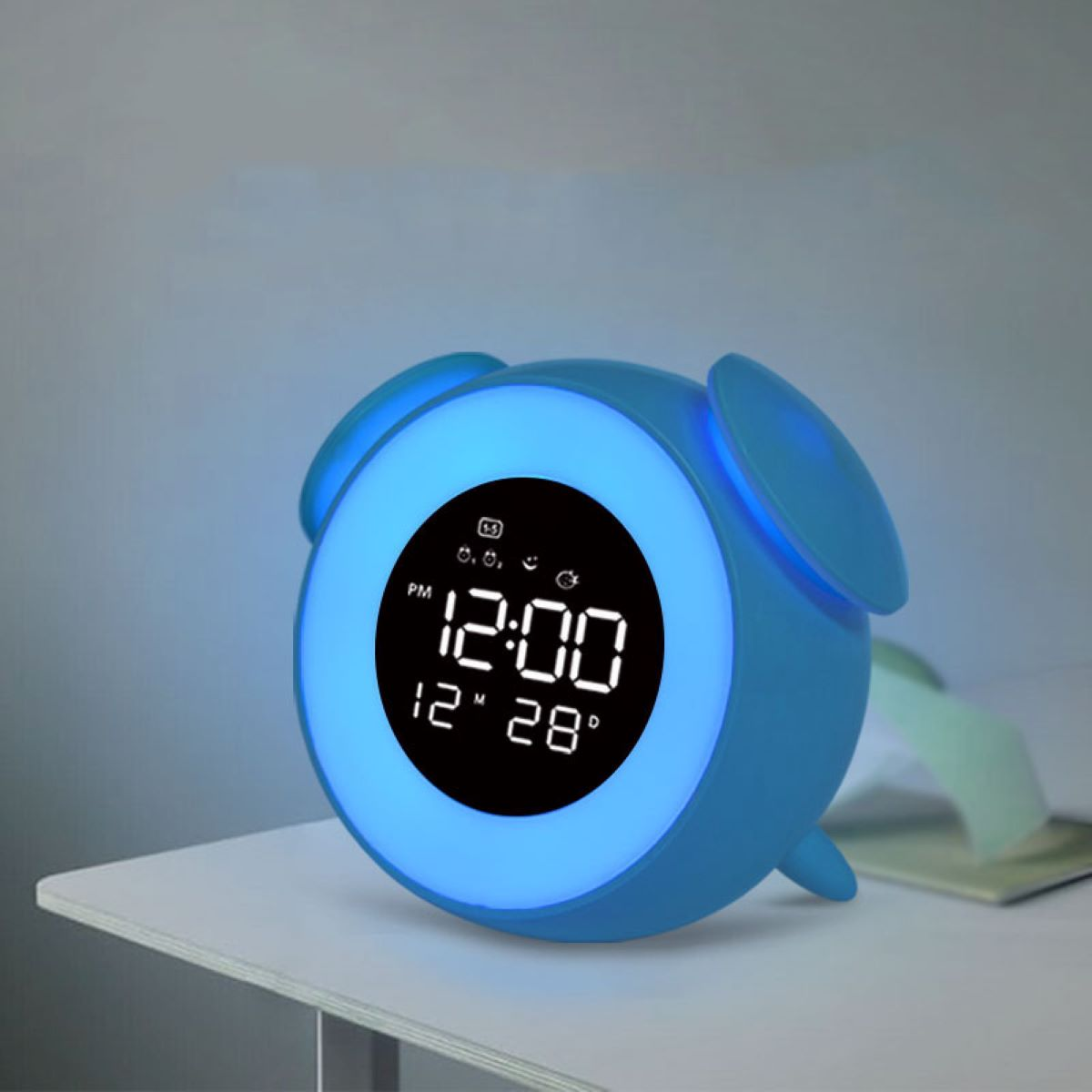 LACAMAX Blauer LED-Wecker mit Umgebungslicht - mit Sonnenuntergangsmodus, LED-Wecker-Stimmungslicht Snooze-Funktion