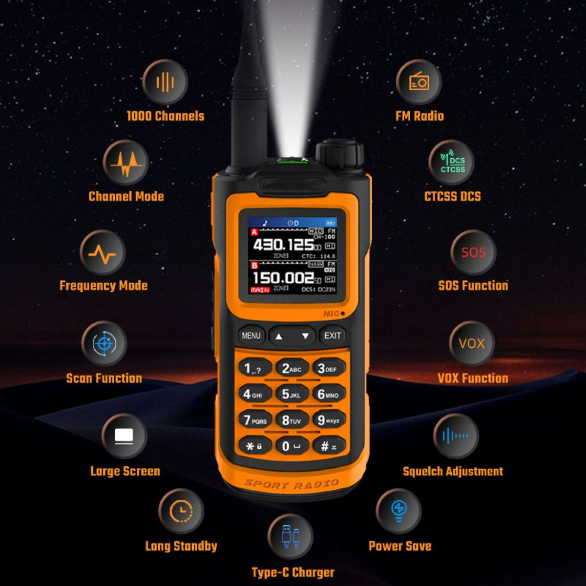 Orange-schwarzes Sportradio mit Knöpfen und einem Bildschirm. Symbole um das Radio zeigen Funktionen wie SOS und UKW-Radio an.