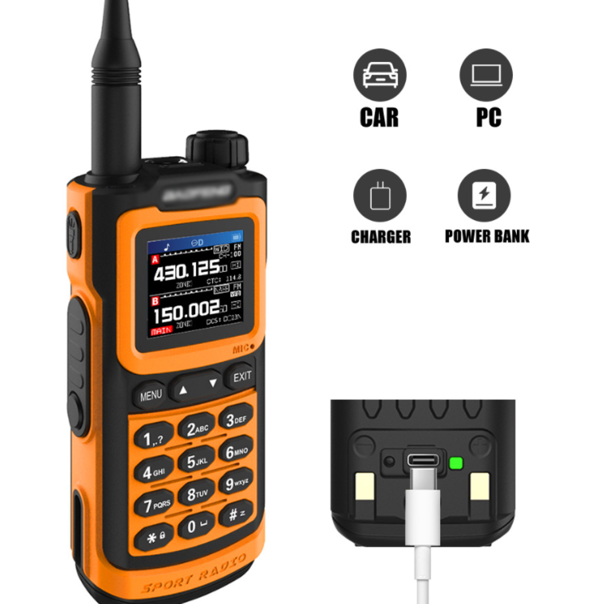 Ein orangefarbenes Walkie-Talkie mit Bildschirm und Knöpfen, einer Ladestation und einer Powerbank.