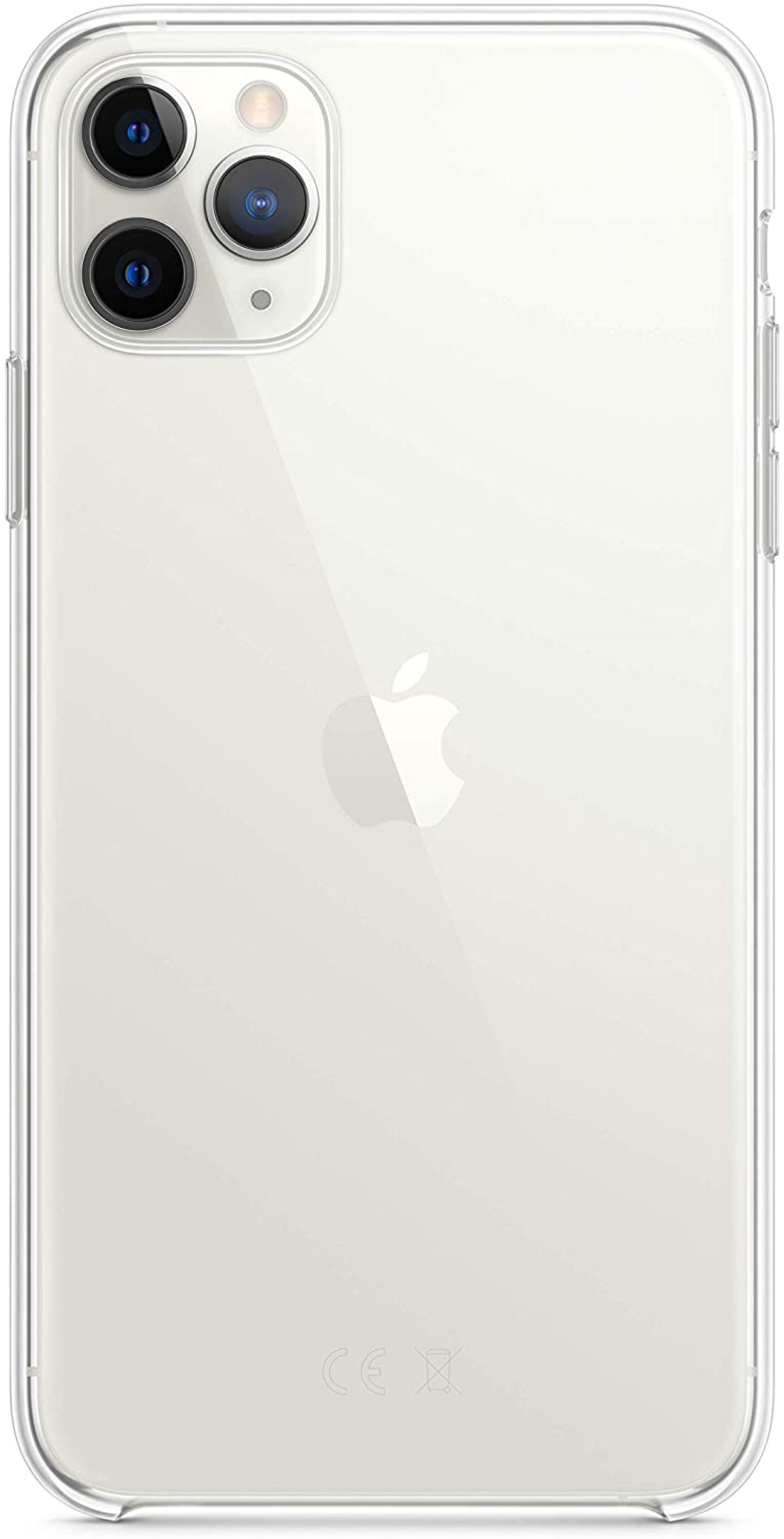 Parte trasera de un iPhone blanco con una funda transparente, mostrando el logotipo de Apple y la cámara.