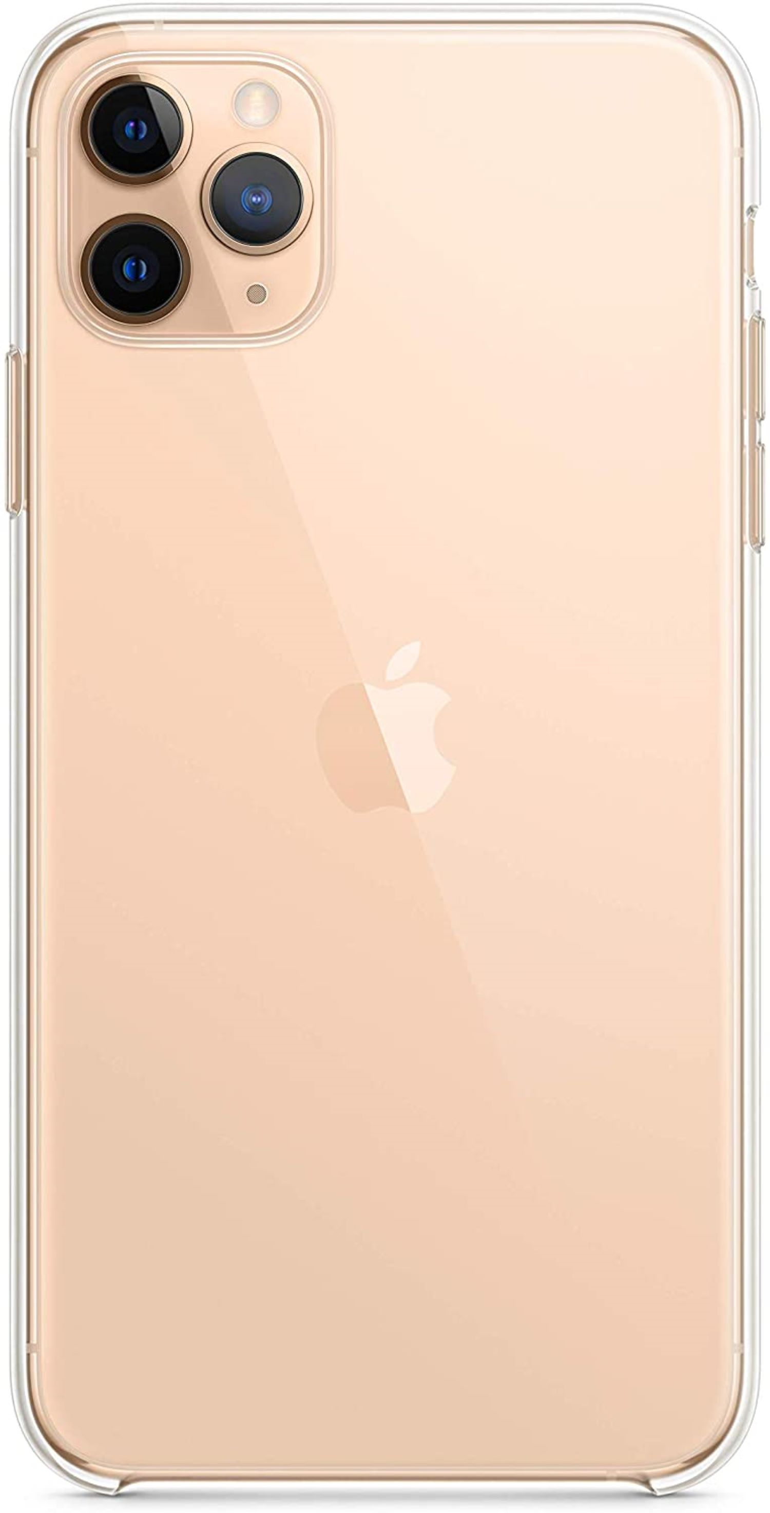 La parte trasera de un teléfono, en una funda transparente, es dorada, con el logo de Apple.