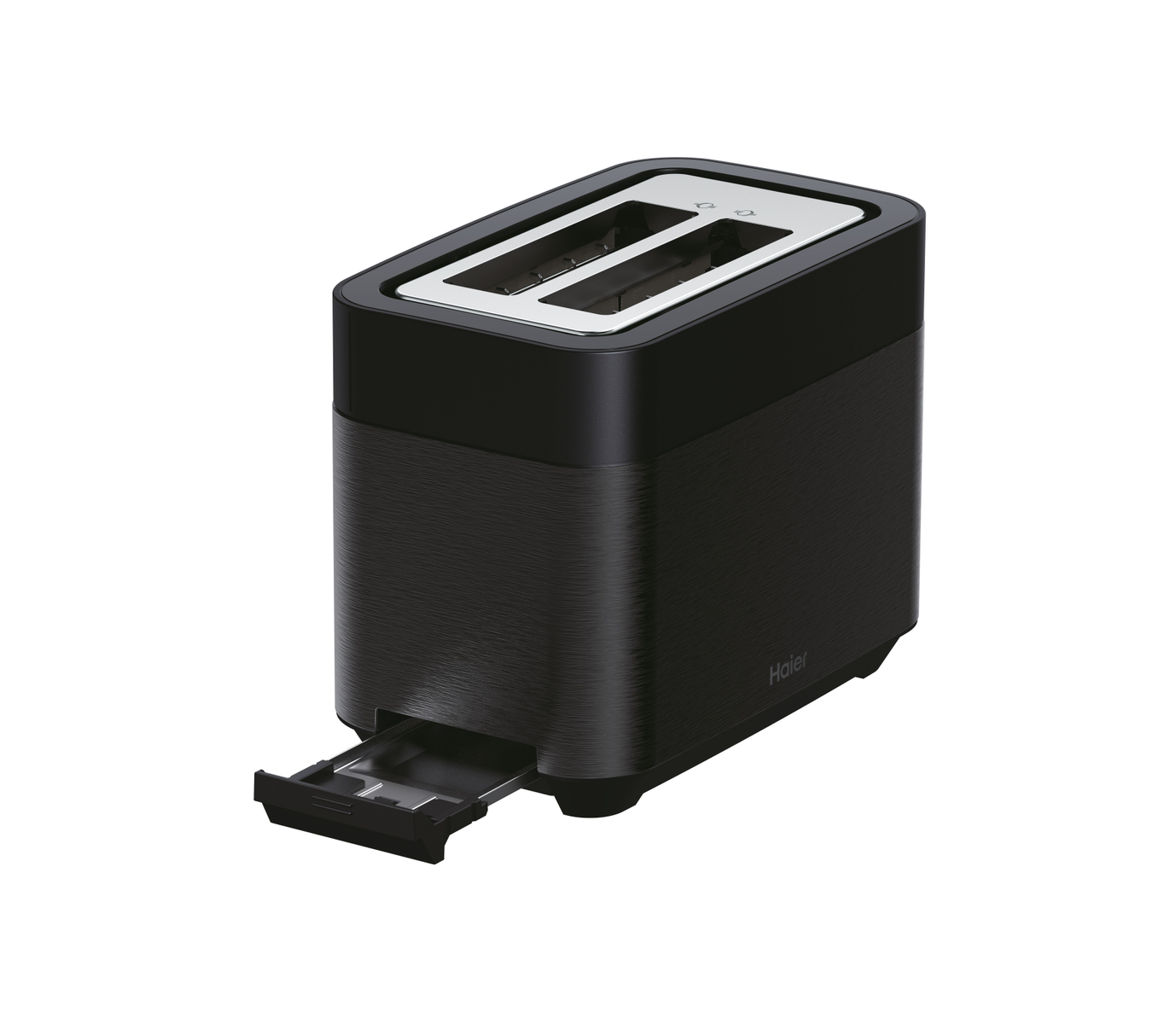 Czarny toster z dwoma otworami i wysuwaną tacką. Z przodu napis Haier.