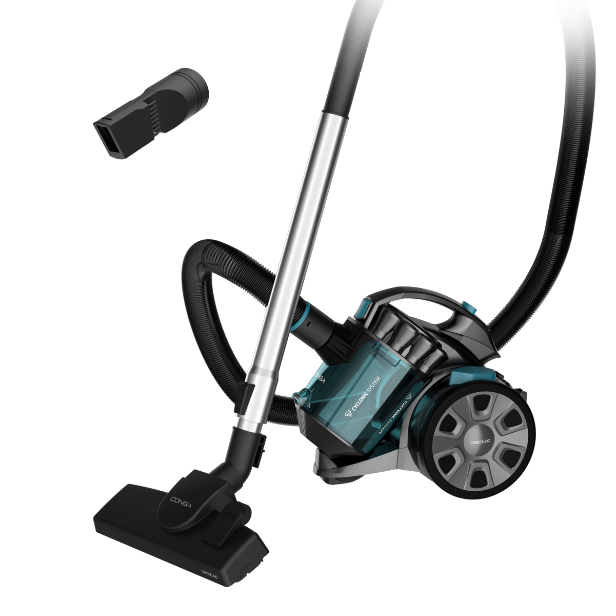 Aspirapolvere blu e nero con tubo e accessori su sfondo bianco.