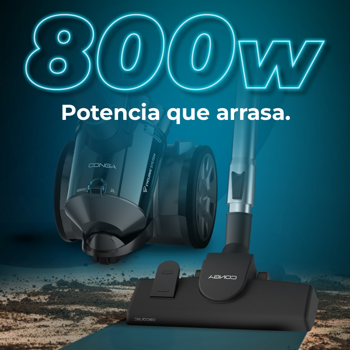 Un aspirapolvere con etichetta 800W e lo slogan 'Potencia que arrasa' su sfondo blu.