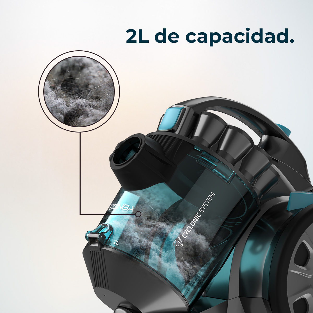 Aspirapolvere con contenitore trasparente che mostra detriti, testo '2L de capacidad'.