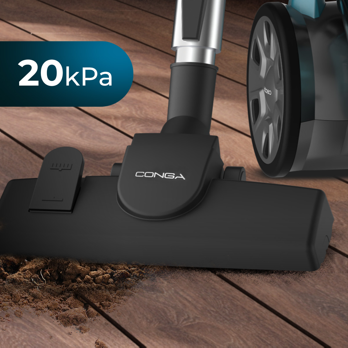 Una testina di aspirapolvere nera su pavimento in legno, con sovrapposizione di testo 20kPa.