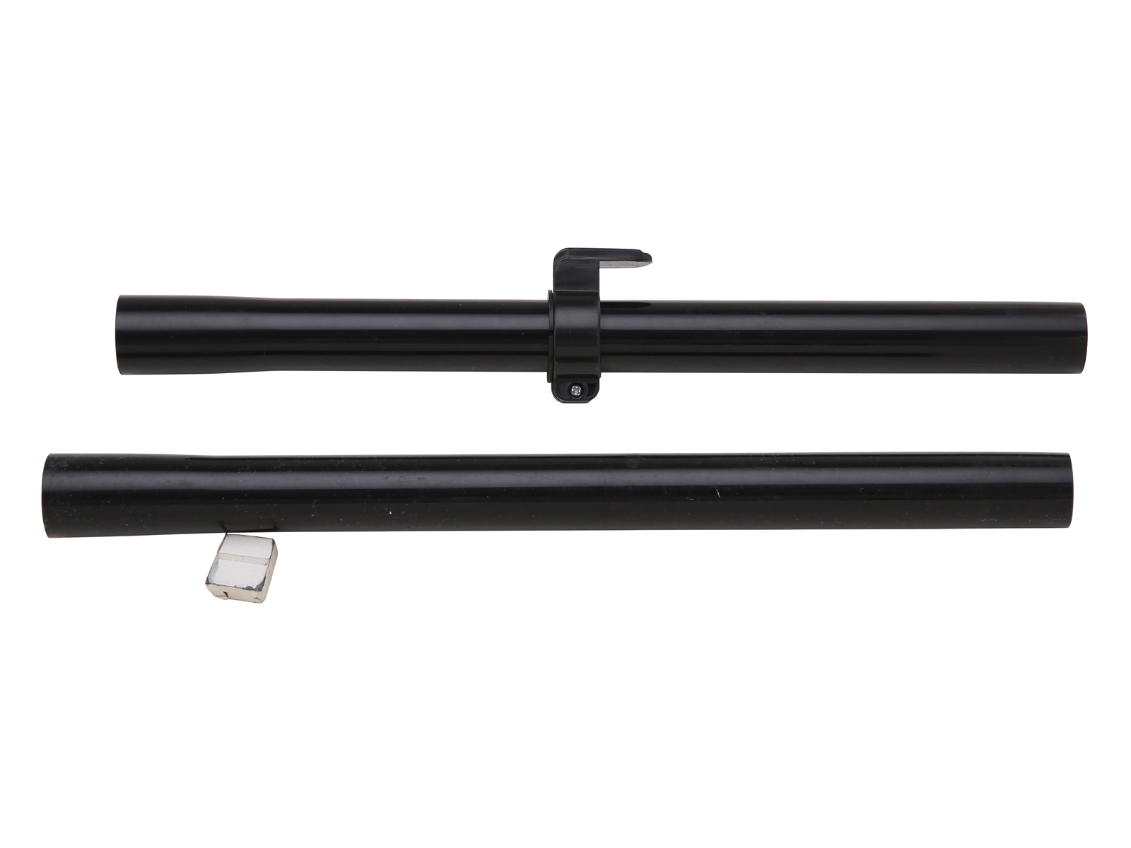 Dwie czarne rury z klipsem. Rury są ustawione poziomo.