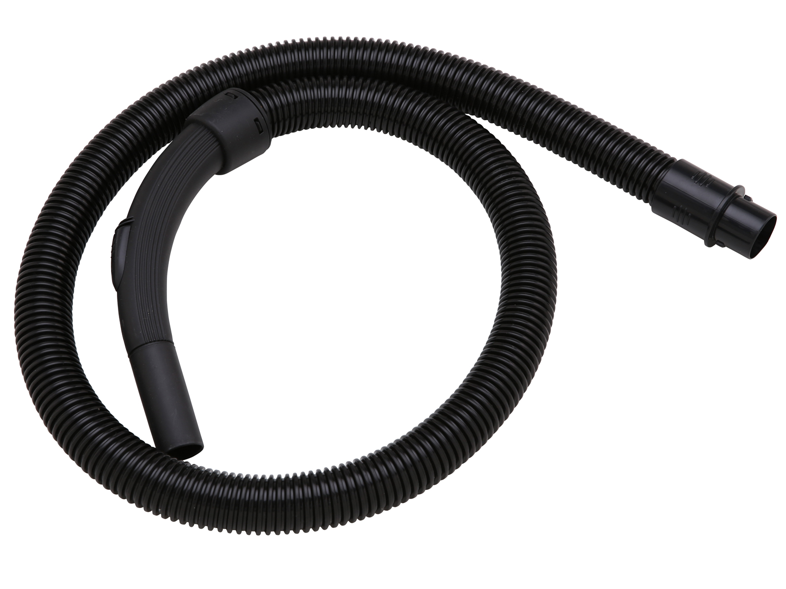 Czarny wąż odkurzacza z zakrzywionym uchwytem. Skręcony design, czyste tło i czarne mocowanie.
