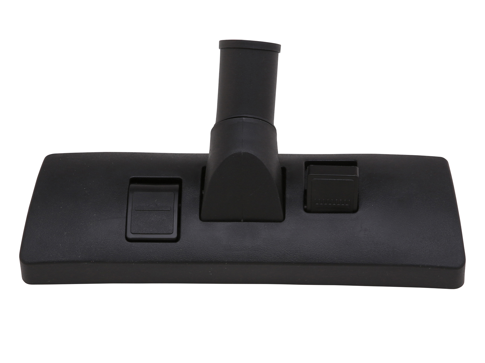 Czarna głowica odkurzacza. Ma prostokątny kształt z dwoma przyciskami i dyszą.