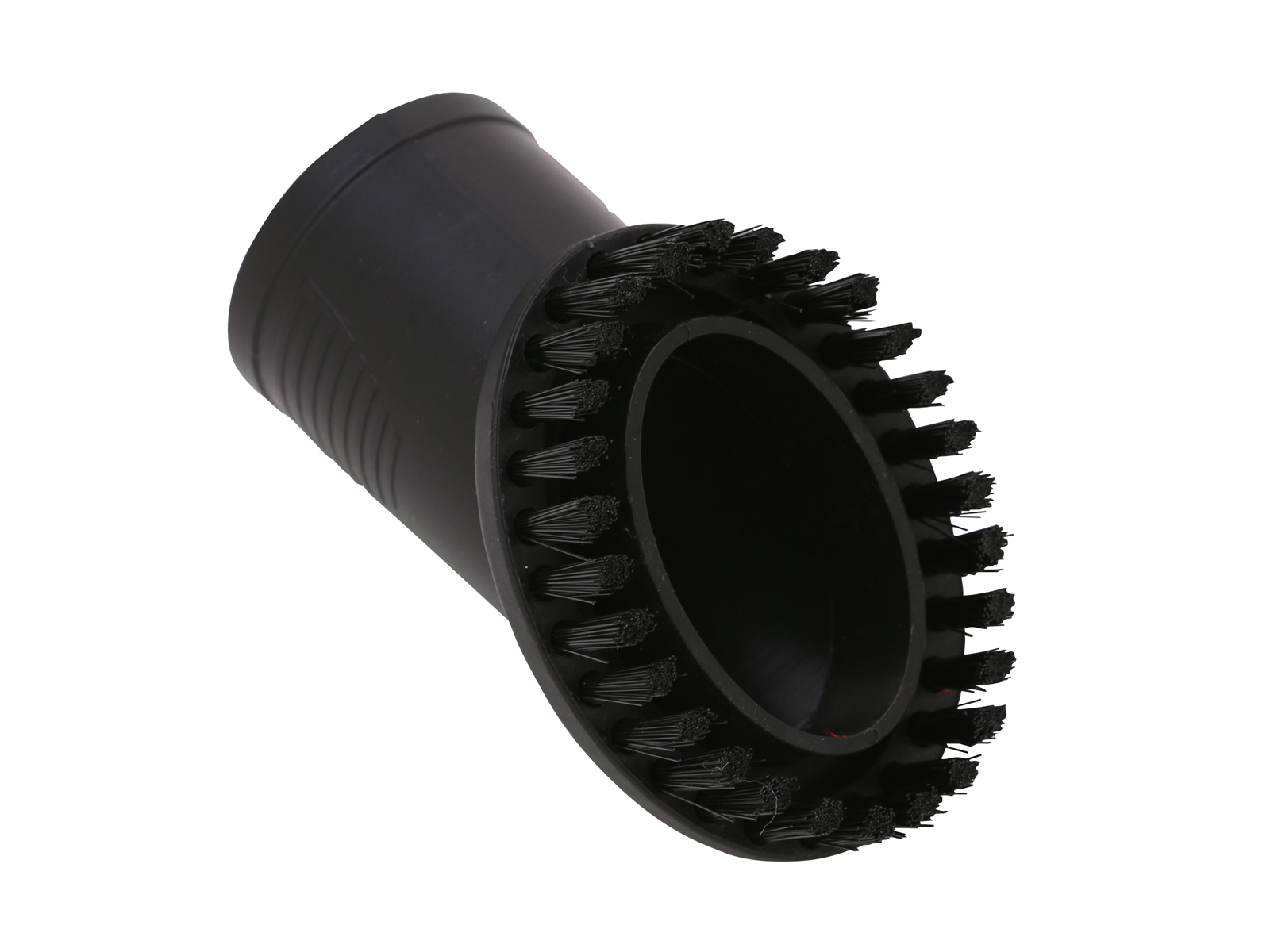 Czarna głowica szczotki do odkurzacza z włosiem, ustawiona pod kątem do czyszczenia.