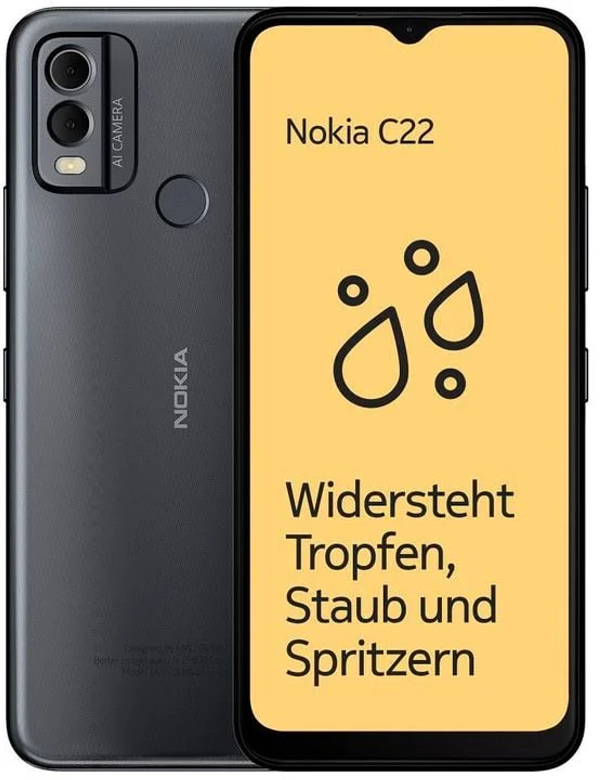 Nokia C22 Smartphone mit Rück- und Vorderansicht. Zeigt Wasser- und Staubresistenz. Schwarz und Grau.