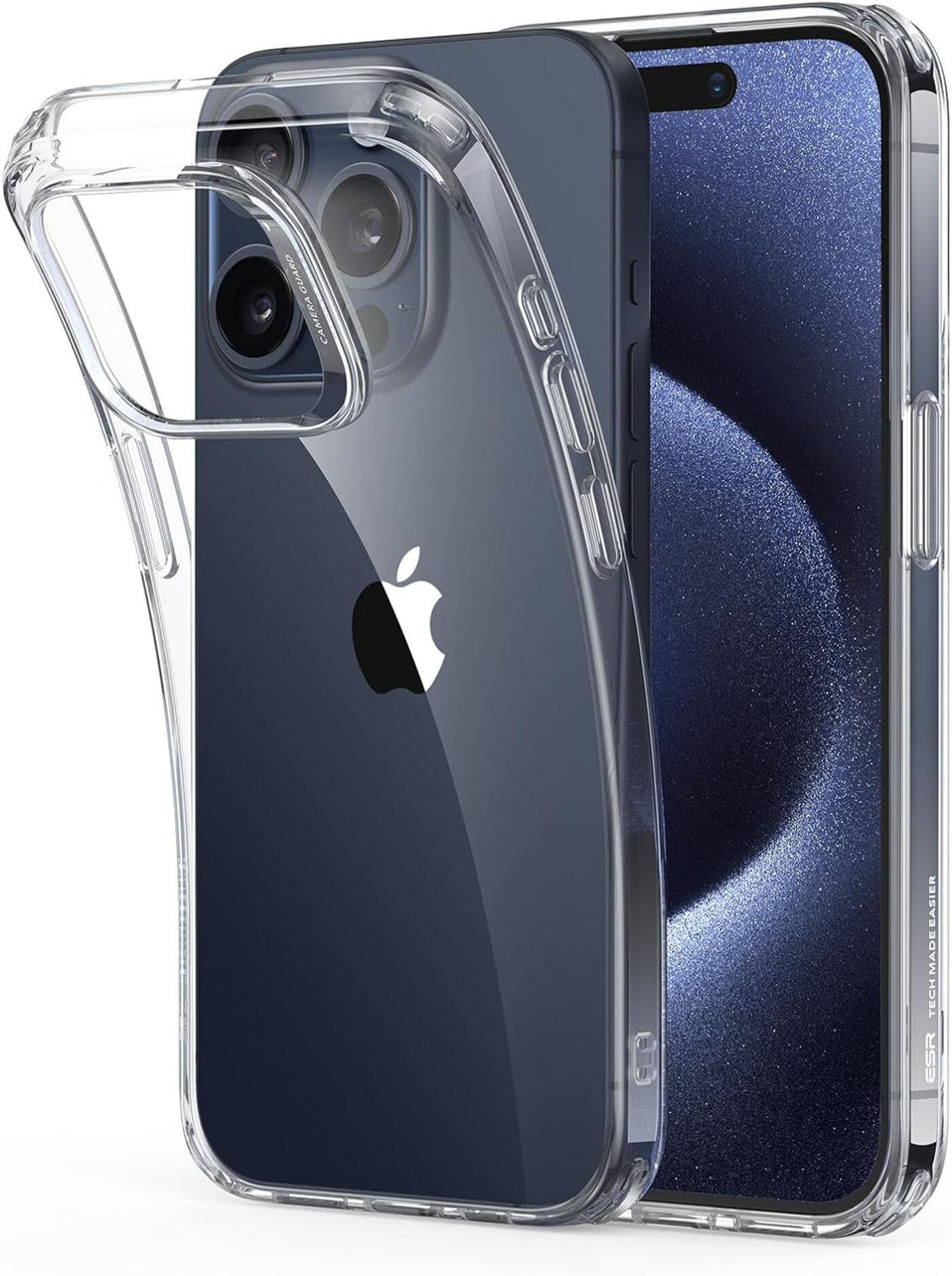 Telefon mit transparenter Hülle. Blauer Bildschirm, weißes Apple-Logo. Weißer Hintergrund.