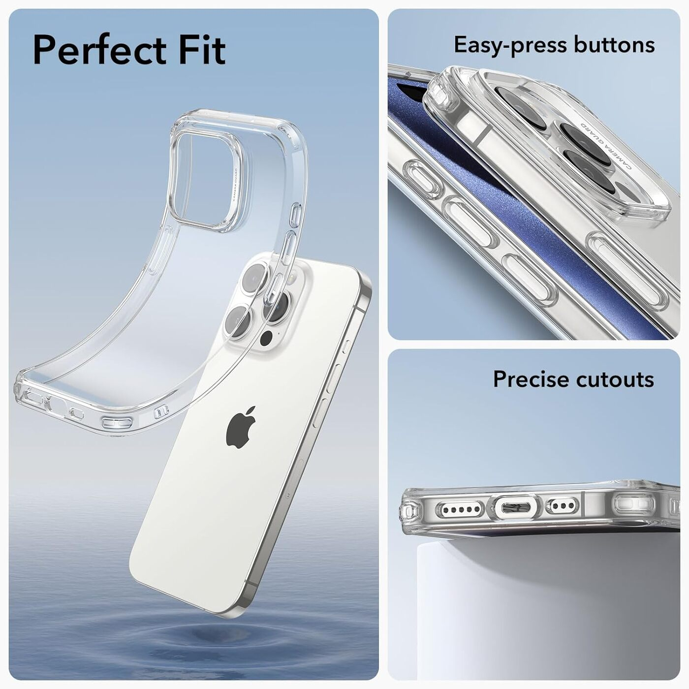 Eine transparente Handyhülle auf einem weißen iPhone, mit Wasserhintergrund. Zeigt perfekte Passform und Ausschnitte.