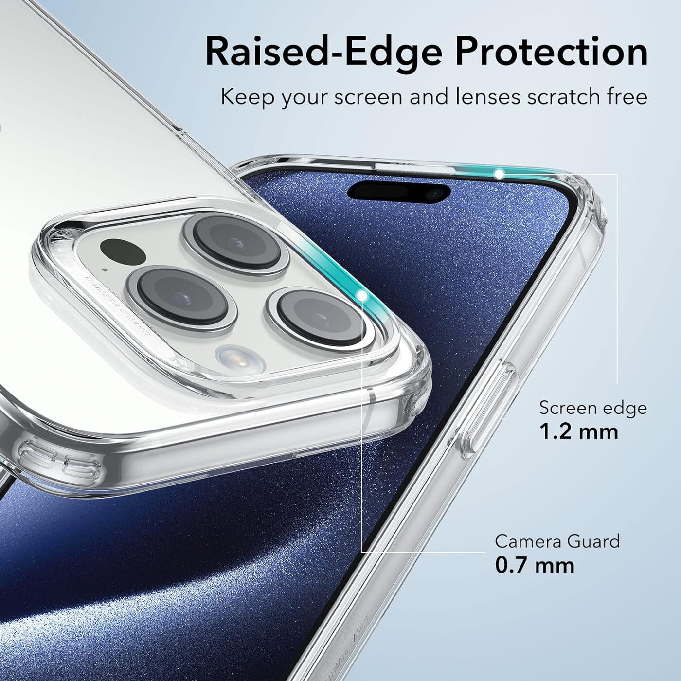 Eine transparente Handyhülle auf einem Handy, die Bildschirm- und Kameraschutz zeigt. Text: Raised-Edge Protection.