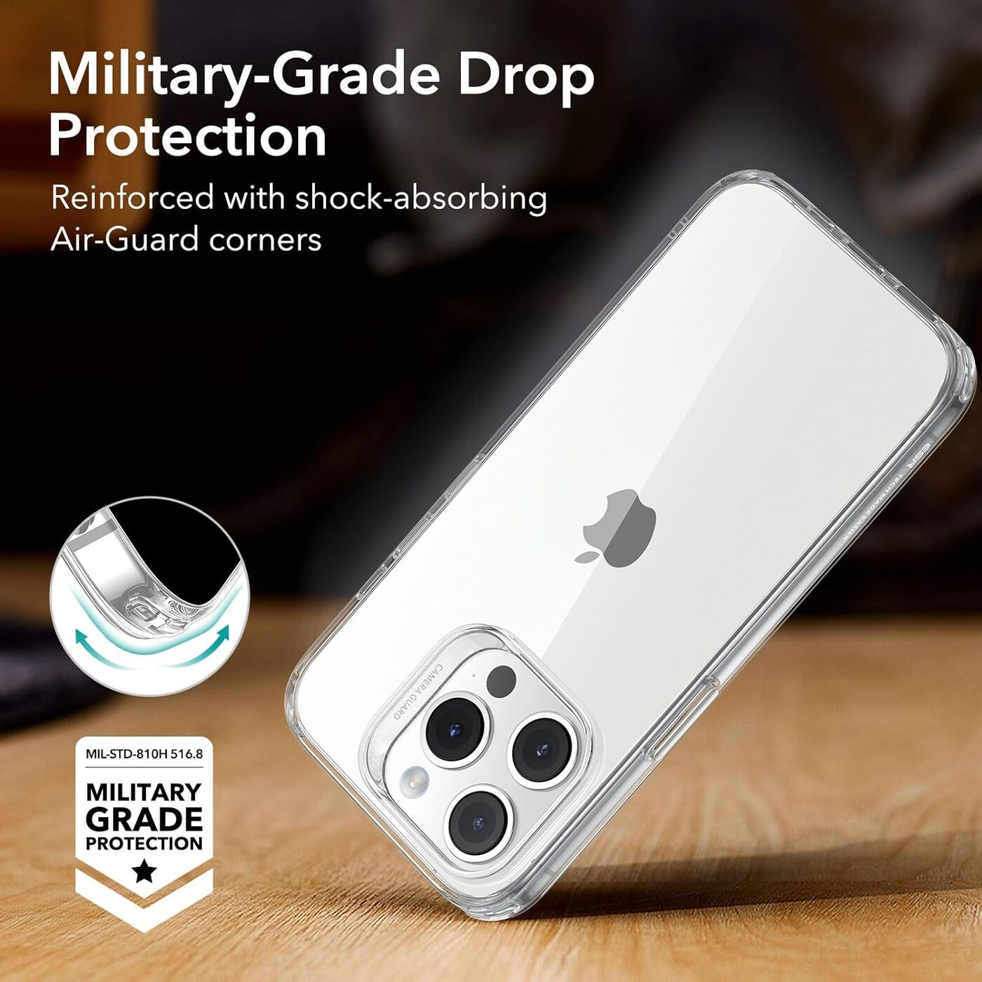 Transparente Handyhülle mit Telefon darin. Stoßdämpfende Ecken und Militärschutz-Label.