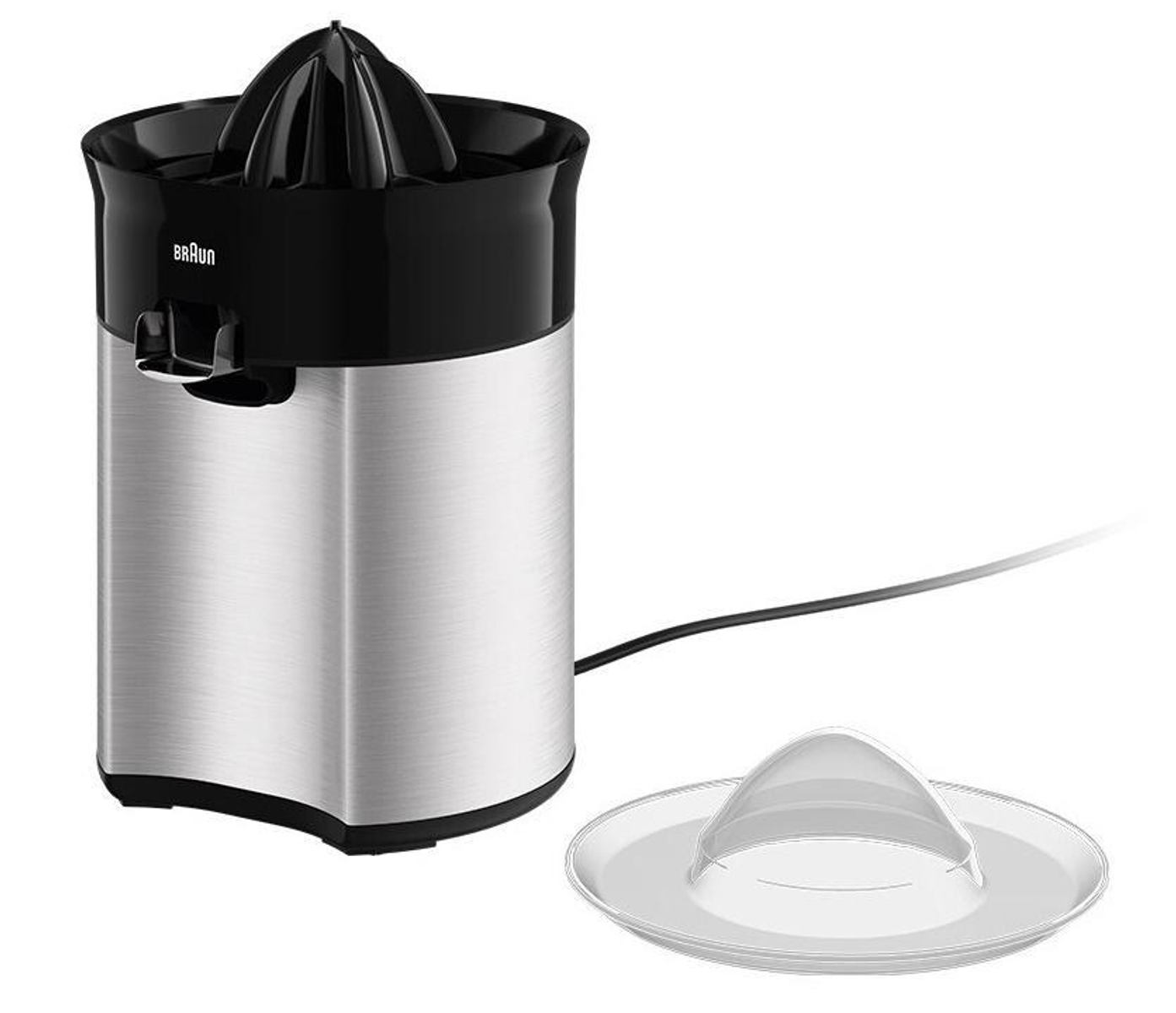 Uno spremiagrumi Braun argento e nero, con cono di spremitura staccato.