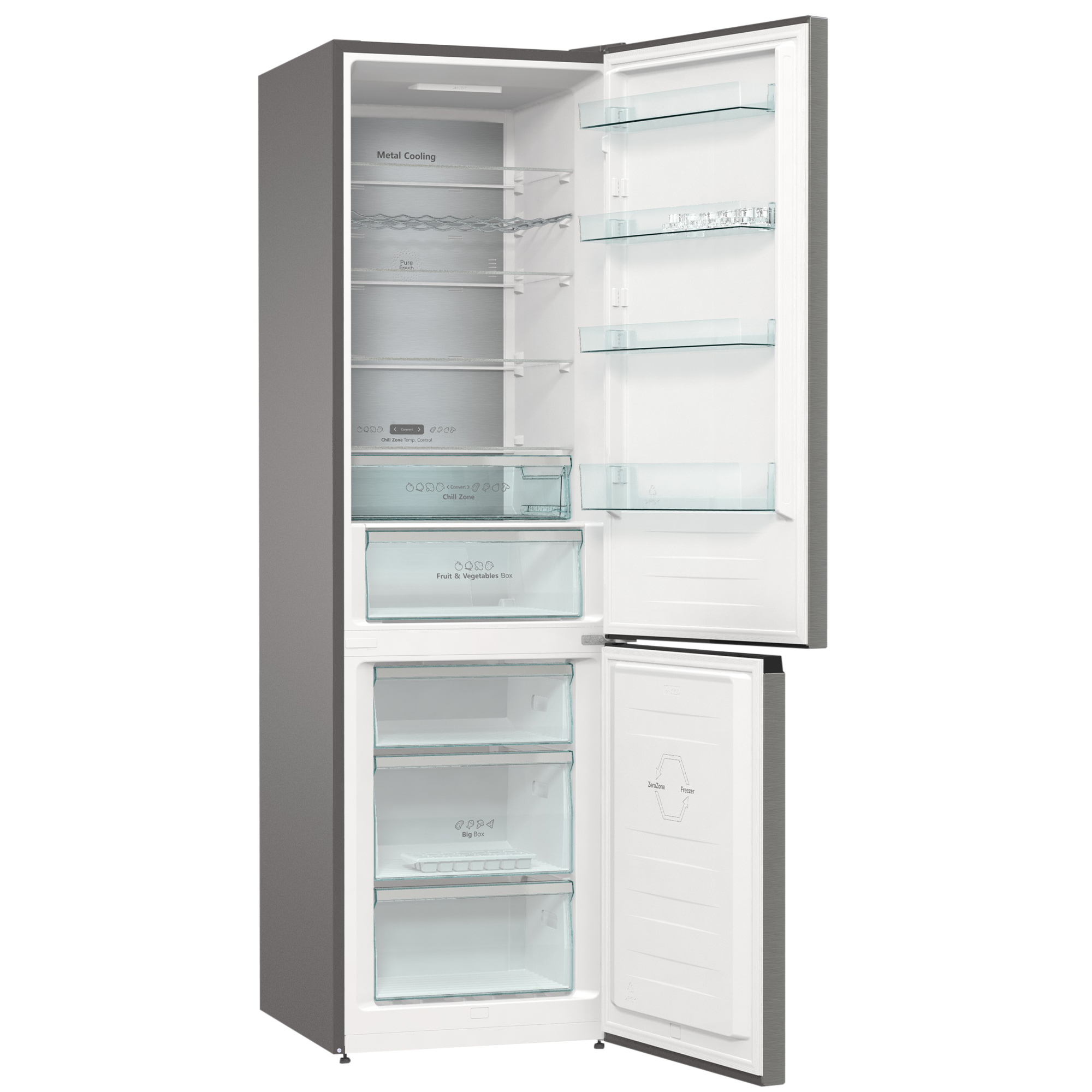 Offener Kühlschrank mit Regalen und Schubladen. Graue Außenseite, weiße Innenseite und eine Obst-/Gemüseschublade.