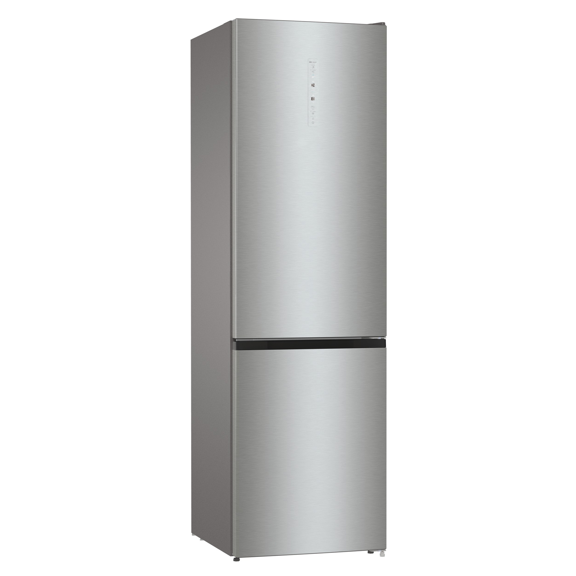 Kühlschrank aus Edelstahl, zwei Türen. Einfaches Design. Weißer Hintergrund.
