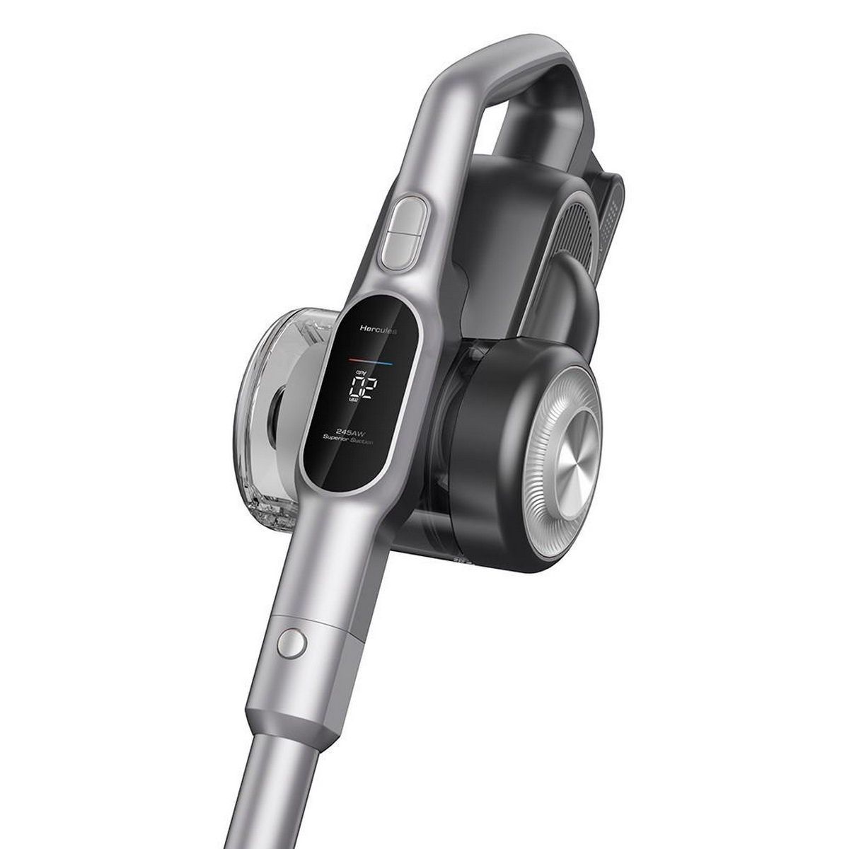 Ein tragbarer silber-schwarzer Staubsauger mit digitaler Anzeige.