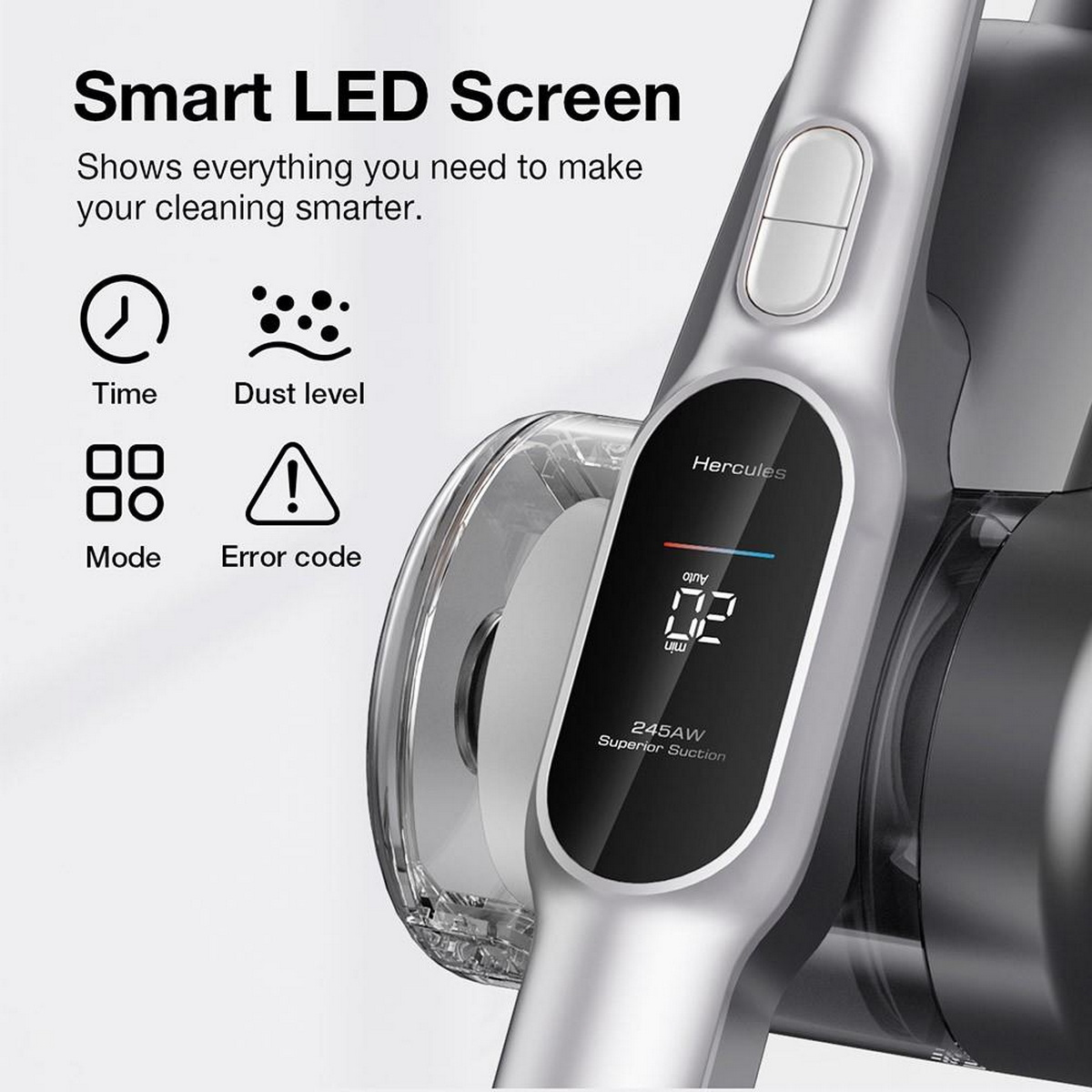 Ein silberner Staubsauger mit intelligentem LED-Bildschirm, der Zeit, Staubpegel und Fehlercode anzeigt.