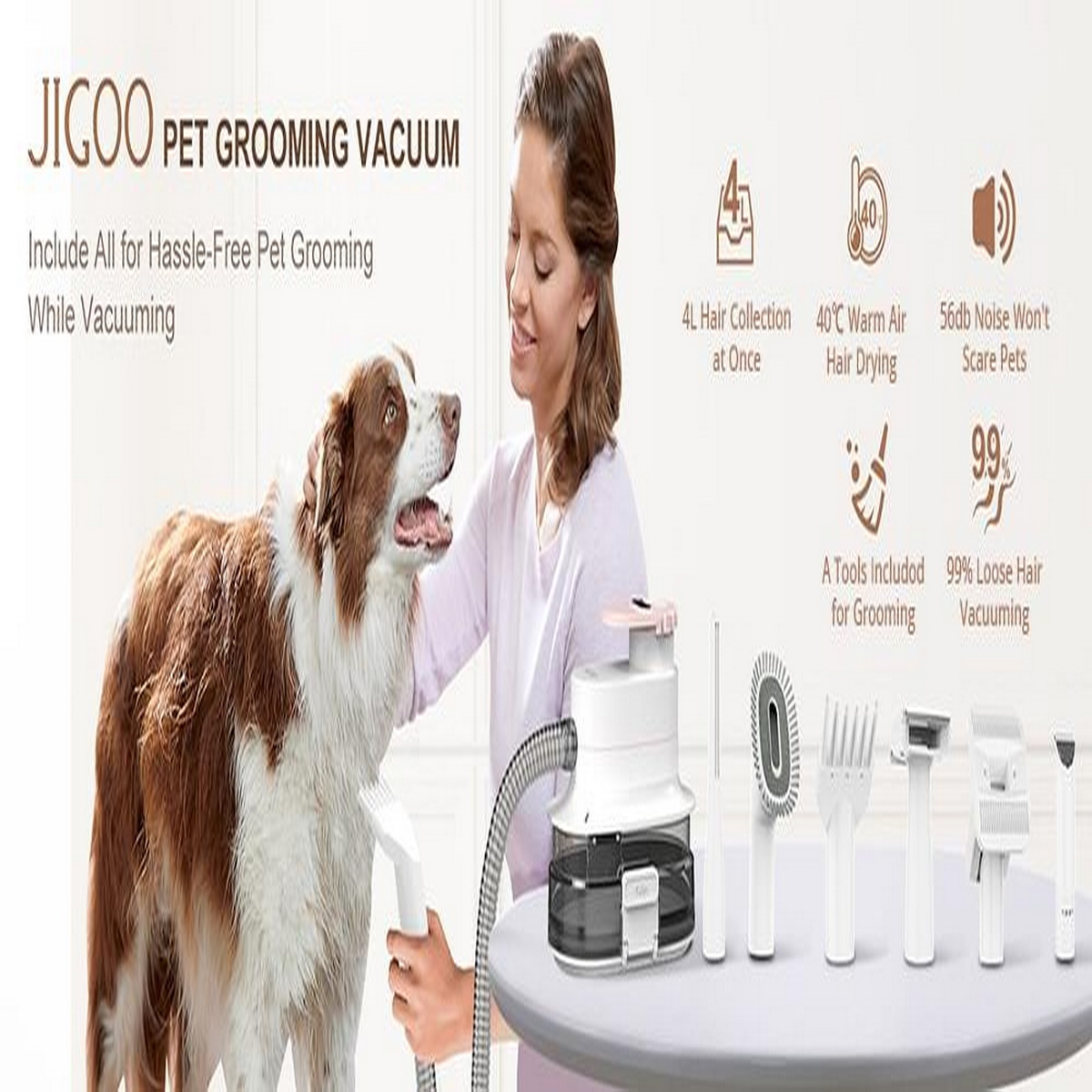 Frau, die einen Hund mit Staubsauger pflegt, Werkzeuge und Funktionen zeigend. Text: JIGOO PET GROOMING VACUUM.
