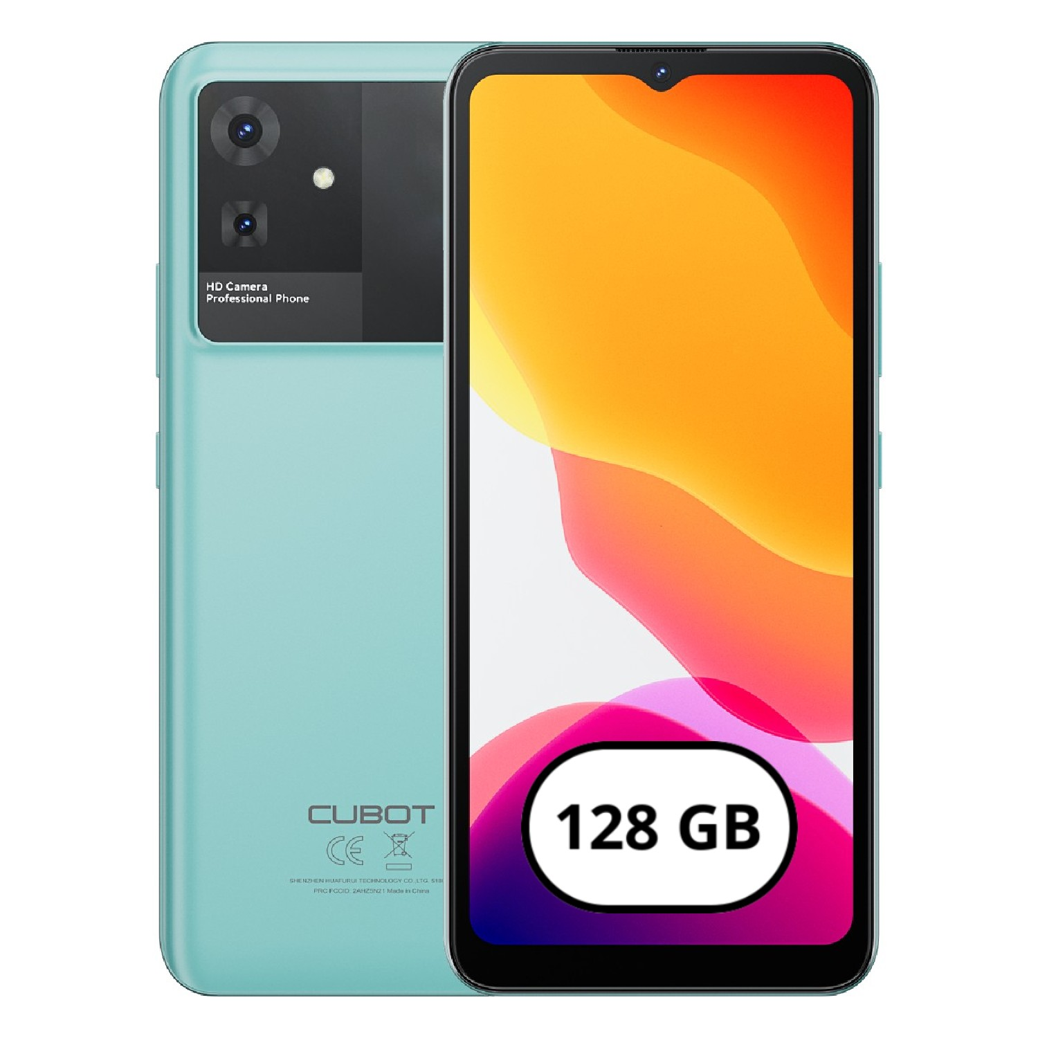 Uno smartphone azzurro che mostra uno schermo colorato con un'etichetta da 128 GB, l'altro lato visibile.