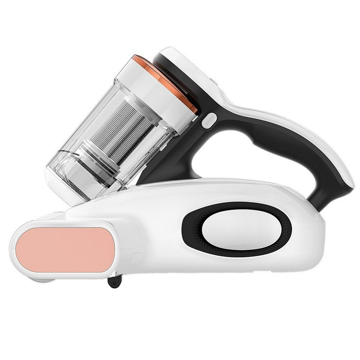 Odkurzacz ręczny, biało-czarny, z przezroczystym pojemnikiem na kurz. Jest skierowany w górę.