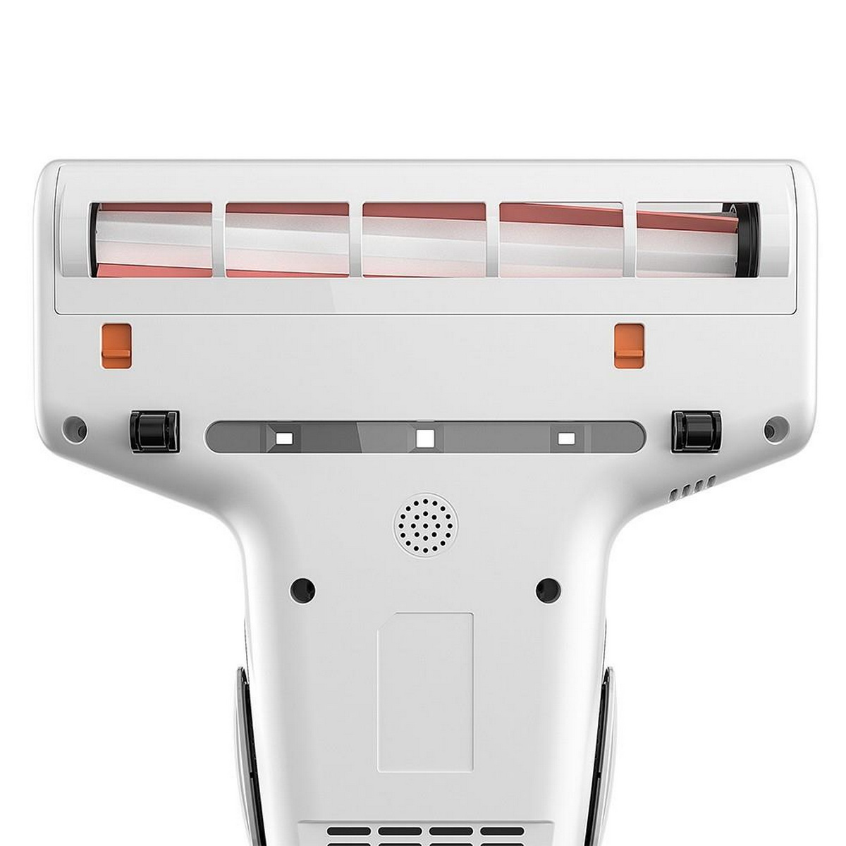 Biała głowica odkurzacza. Posiada pomarańczowe akcenty i pięć otworów z rolkami.