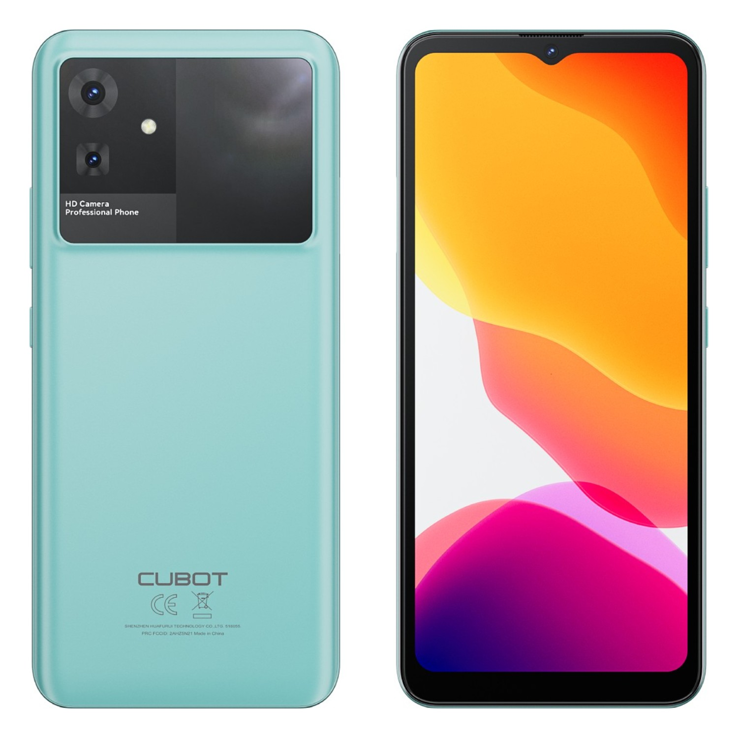 Smartphone turchese con doppia fotocamera e display a colori con sfondo luminoso.