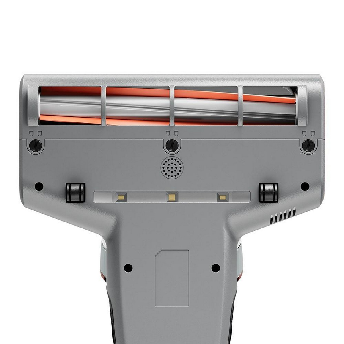 Szara głowica odkurzacza z pomarańczowymi rolkami, światłami i otworami wentylacyjnymi, białe tło.