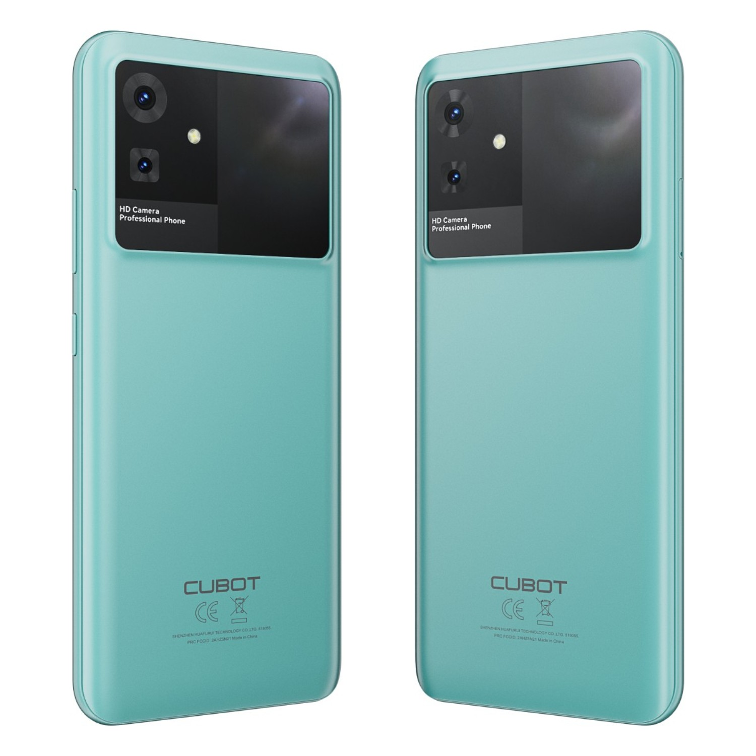 Due smartphone color verde acqua, che mostrano il retro con fotocamere e logo.