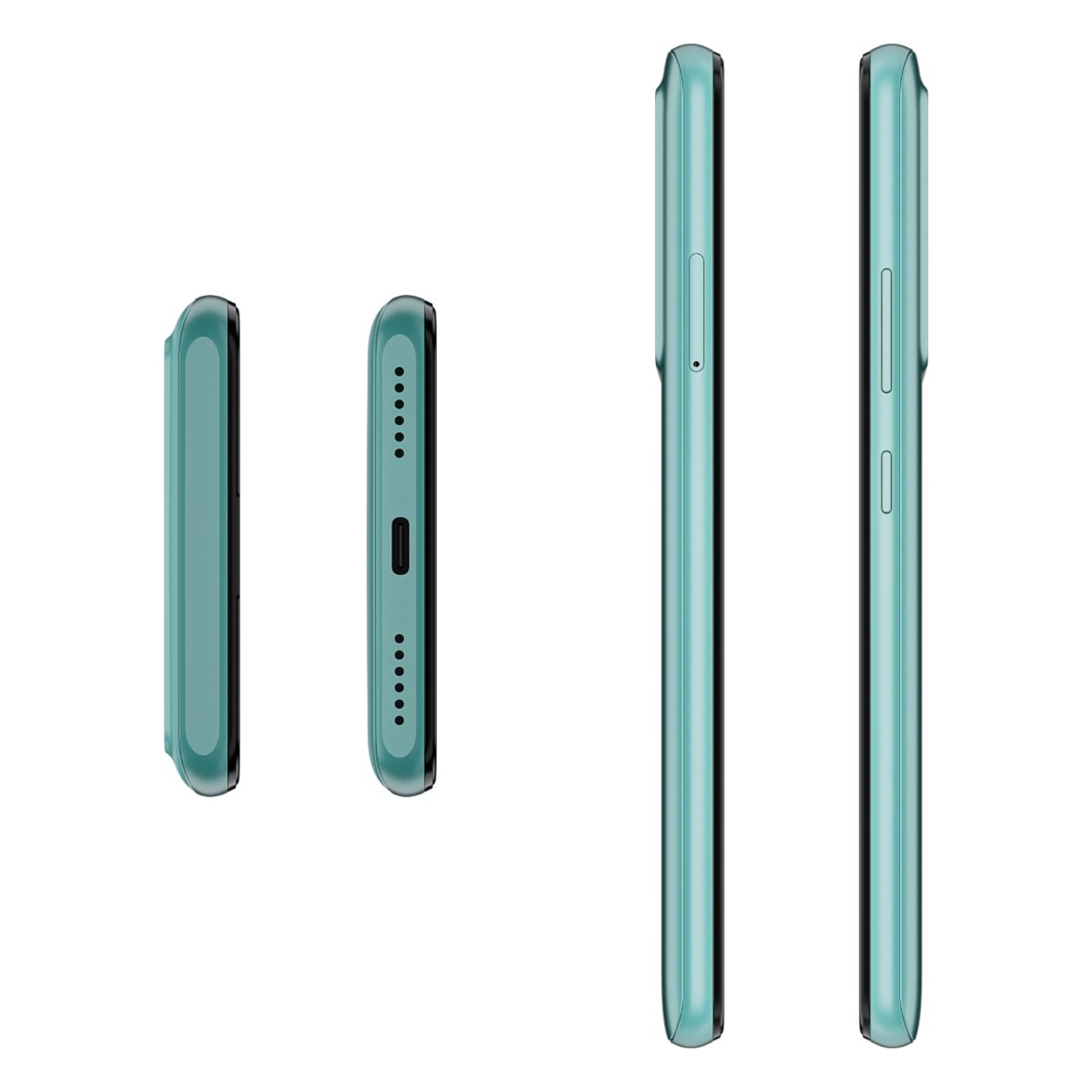 Quattro viste laterali di uno smartphone verde. Mostra pulsanti, porte e l'ingombro della fotocamera.