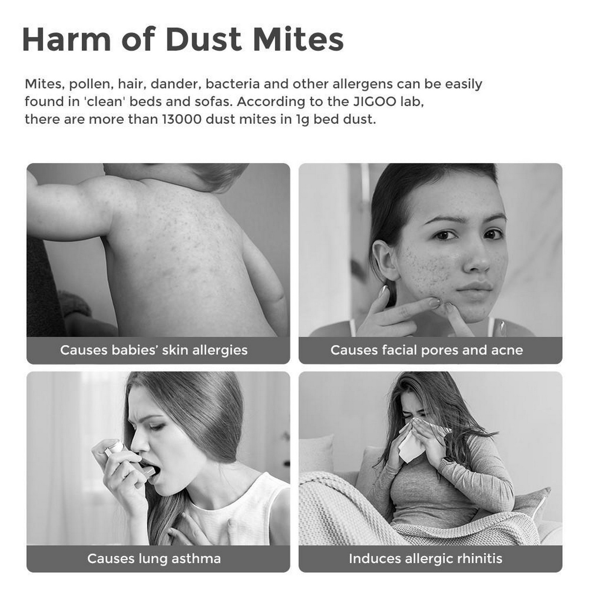 Schemat pokazujący szkodliwość roztoczy kurzu. Zawiera obrazy alergii skórnych, trądziku, astmy i zapalenia błony śluzowej nosa.