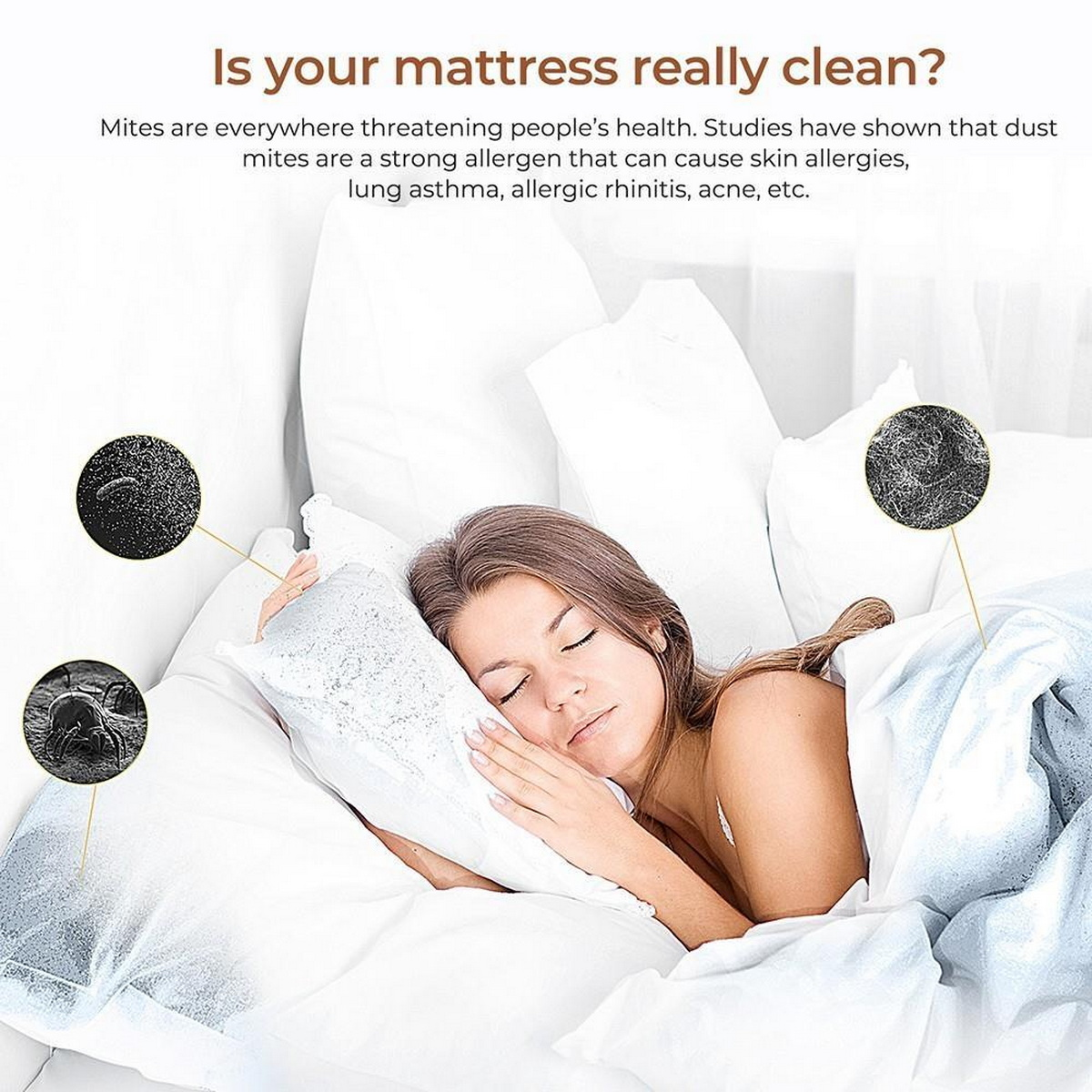 Kobieta śpiąca na łóżku. Tekst i ilustracje pokazują roztocza kurzu na poduszkach, sugerując problemy zdrowotne.