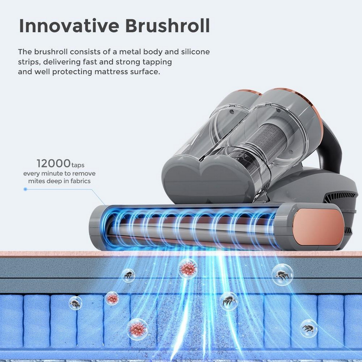 Ein Staubsaugerkopf mit Bürstenrolle. Text: Innovativer Bürstenkopf, entfernt Milben aus Stoffen.