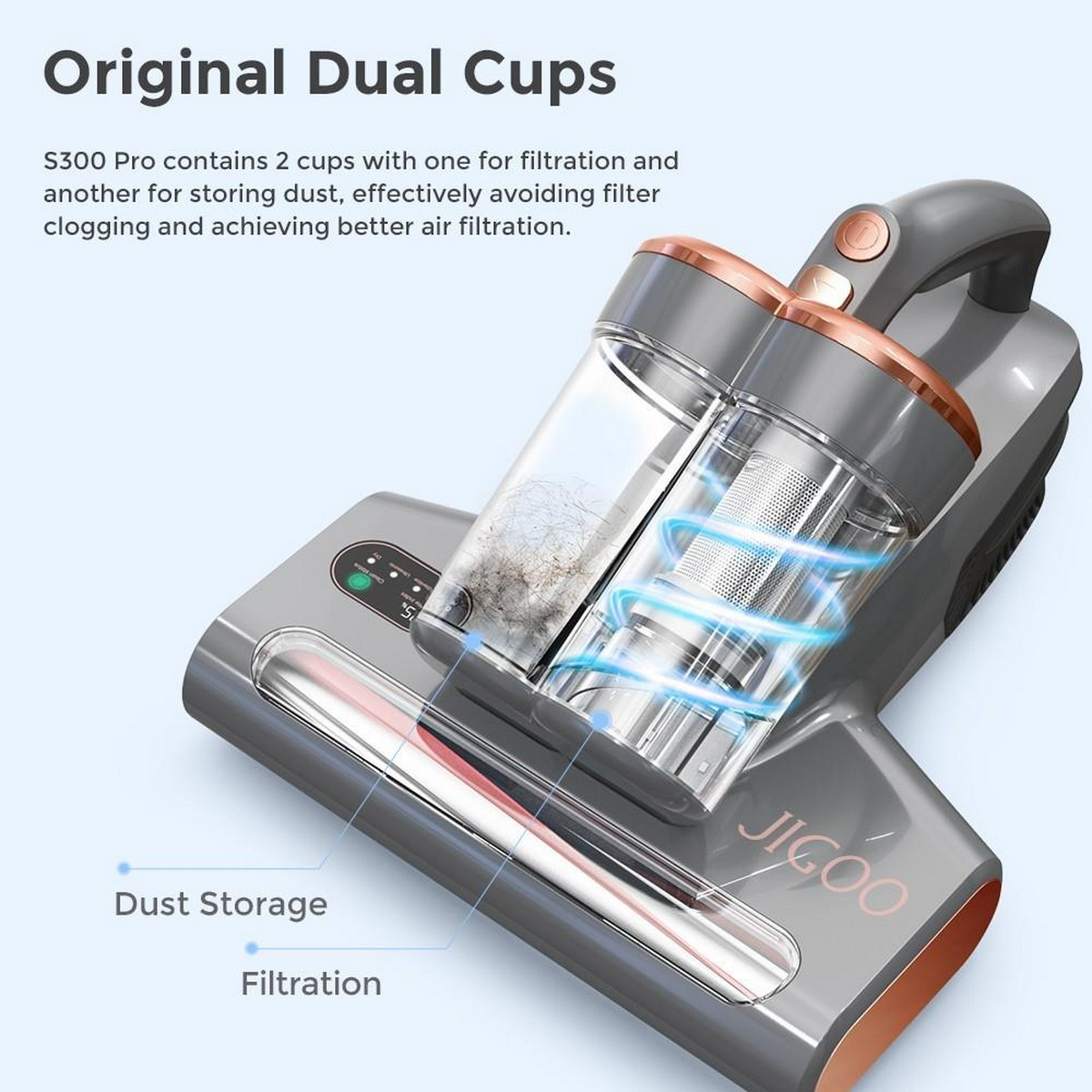 Odkurzacz pokazujący przechowywanie kurzu i filtrację. Ma dwa kubki.