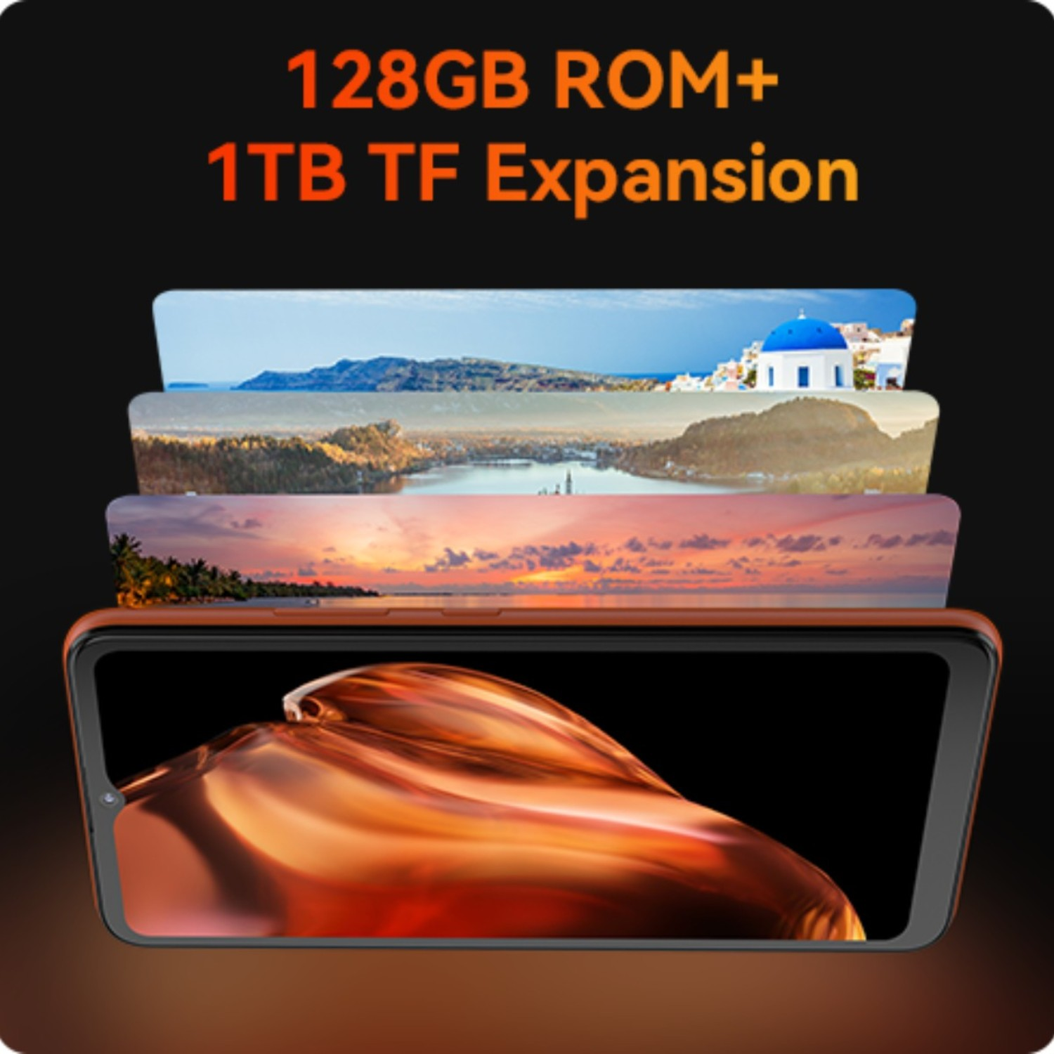 Tablet arancione con immagini. Testo: 128GB ROM + 1TB TF Expansion. Sfondo nero.