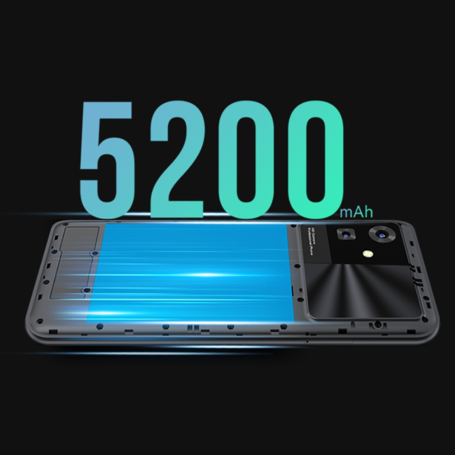 La custodia aperta del telefono mostra una batteria da 5200 mAh. Il dispositivo è nero e metallico.