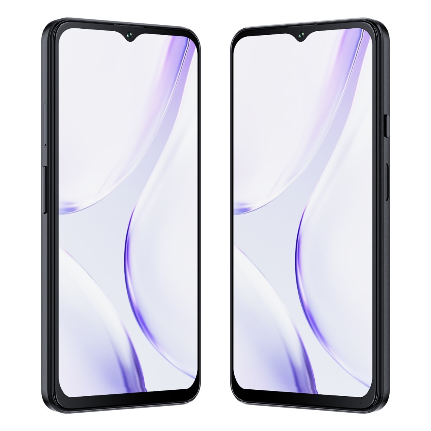 Dwa czarne smartfony obok siebie, ekrany włączone, pokazujące fioletowy wzór fali.