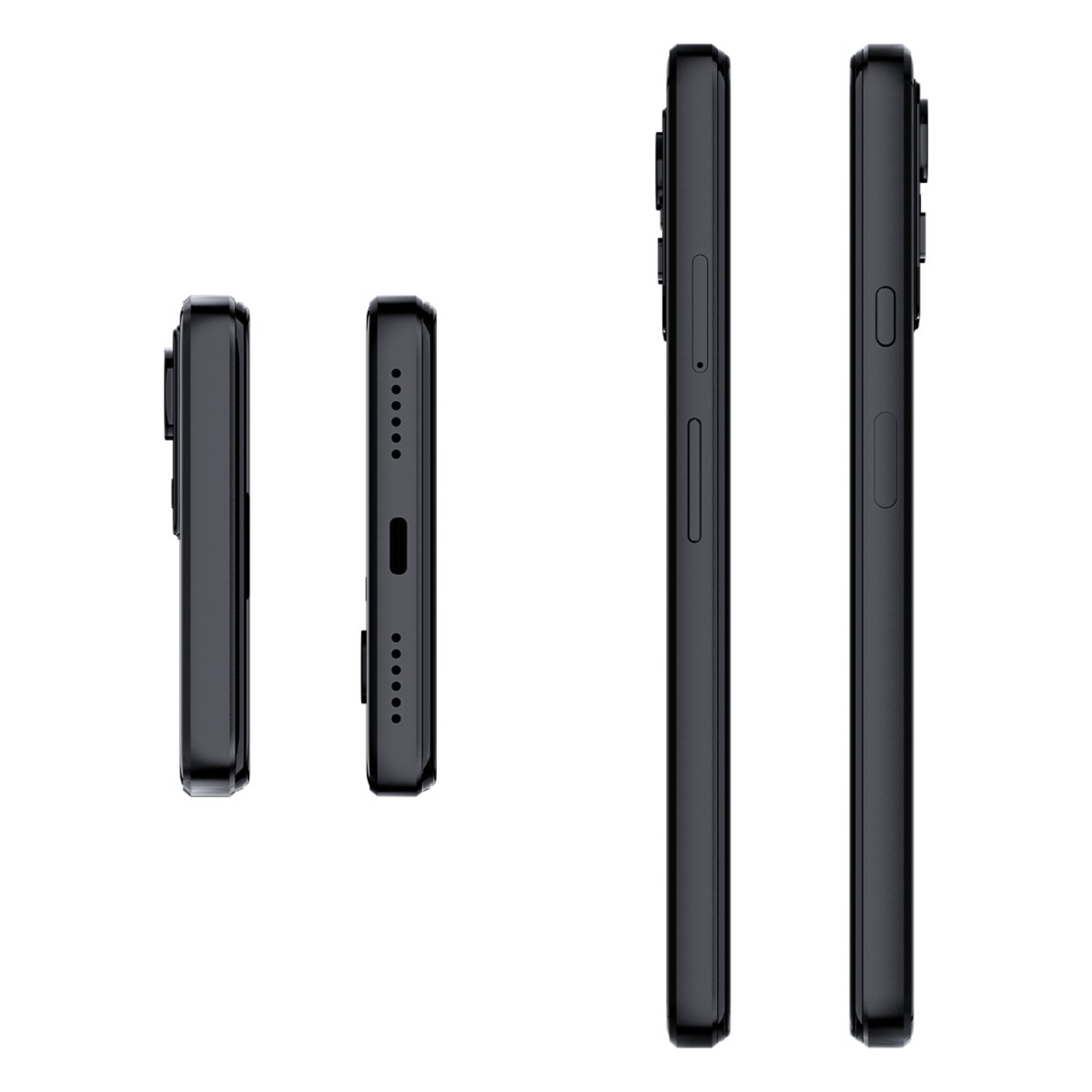 Czarne telefony widoczne z boku. Dwa telefony stoją pionowo.