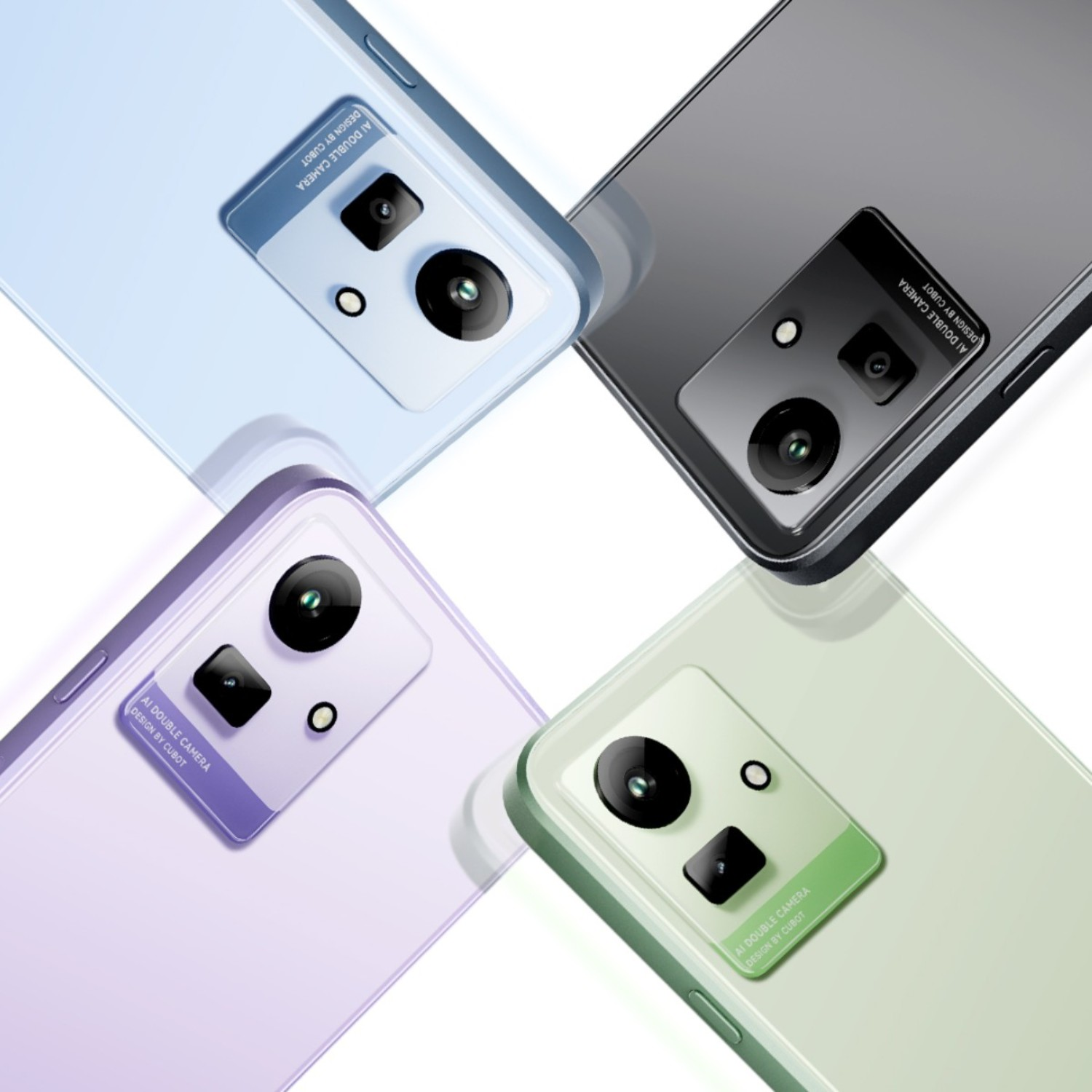 Cztery smartfony w różnych kolorach: niebieski, szary, fioletowy i zielony ze szczegółami aparatu.