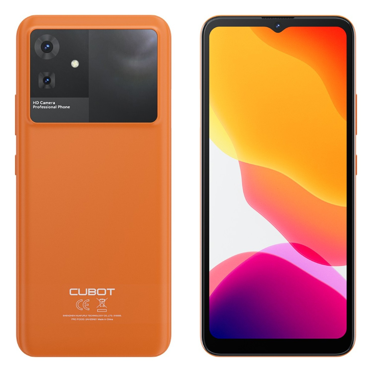 Smartphone arancione, mostra fronte e retro. Il retro ha fotocamere e il nome del marchio.