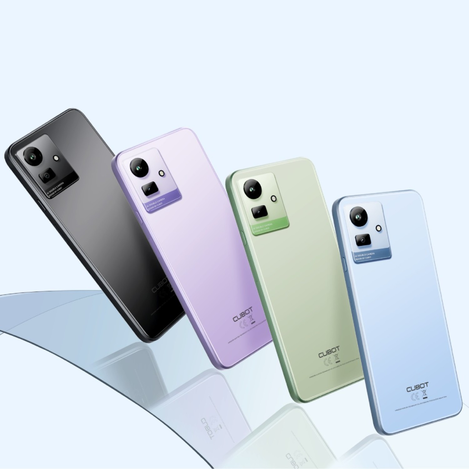 Cztery kolorowe smartfony ułożone w linii ukośnej. Czarny, fioletowy, zielony i niebieski.