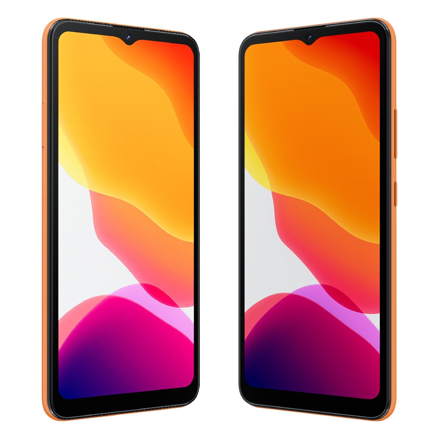 Due smartphone arancioni, vista angolata. Gli schermi mostrano un design astratto colorato.