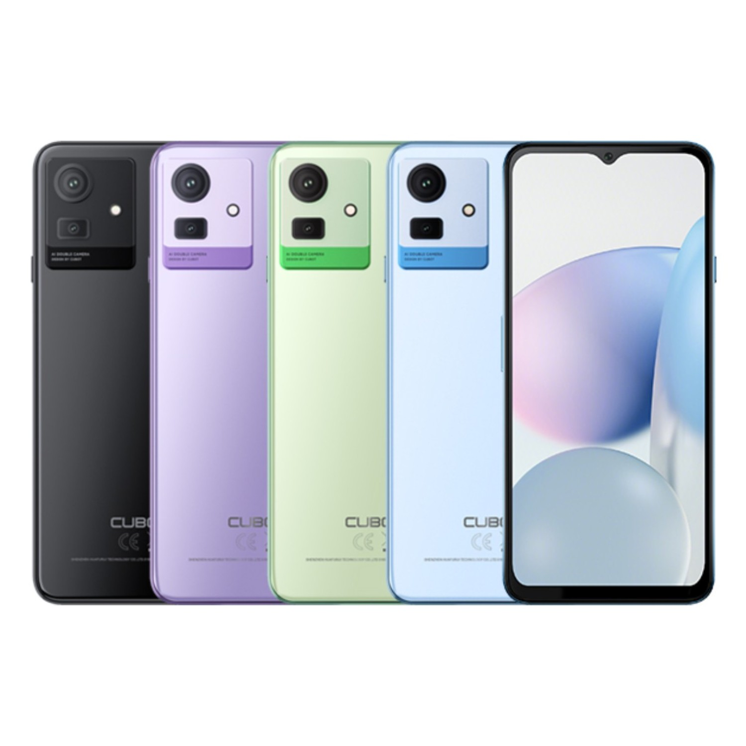 Pięć kolorowych smartfonów w kolorach czarnym, fioletowym, zielonym, niebieskim i białym. Każdy ma aparat i ekran.