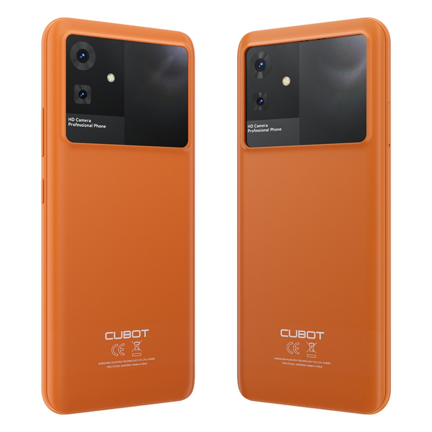 Due telefoni cellulari Cubot arancioni. Fotocamere e loghi del marchio visibili.
