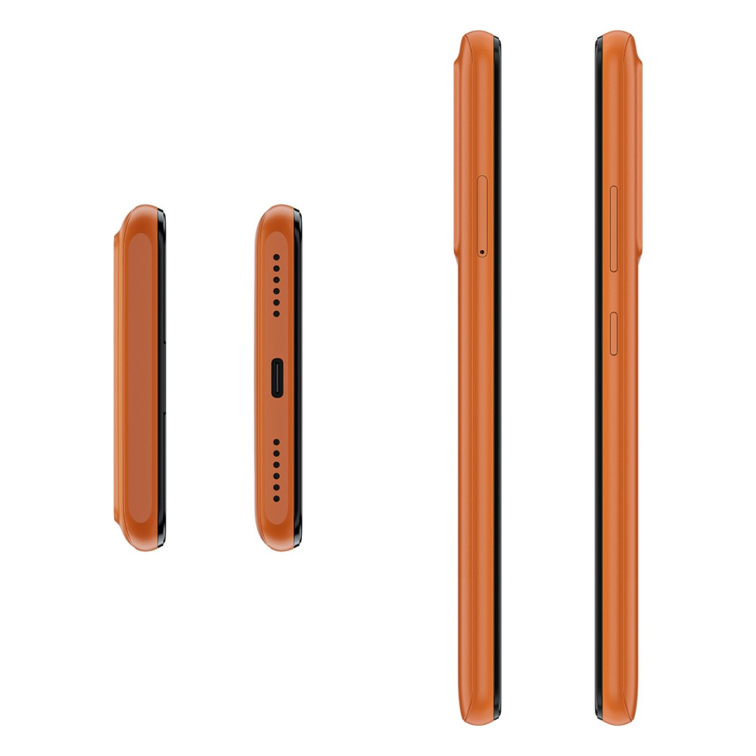 Quattro smartphone arancioni sono mostrati da più angolazioni, evidenziando il loro design.