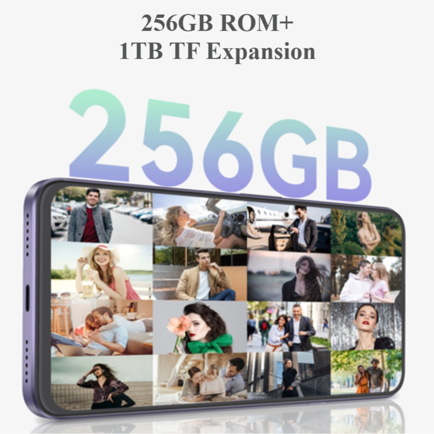 Un teléfono con 256 GB de ROM y expansión TF de 1 TB, mostrando un collage de imágenes diversas.