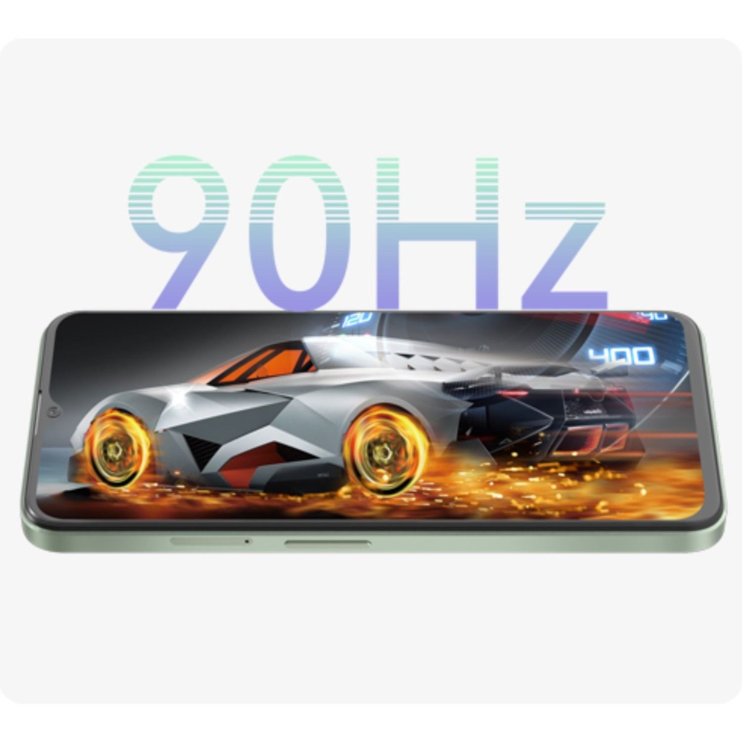 Un smartphone muestra un juego de carreras de coches. El texto '90Hz' está encima del teléfono. El teléfono tiene un marco verde claro.